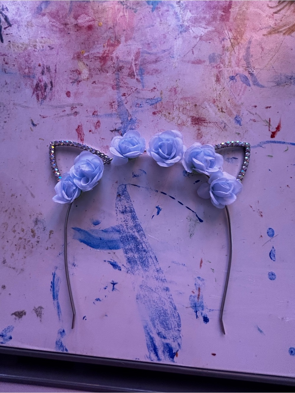 Claire's Light Blue Floral Cat Ear Headband with Rhinestones